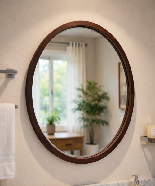 60 cm Round Wall Mirror with Walnut Finish 